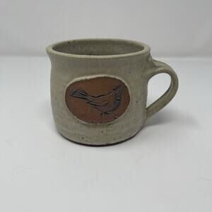 Art Pottery Mug Brown Speckled Etched Cardinal Bird Coffee Tea New
